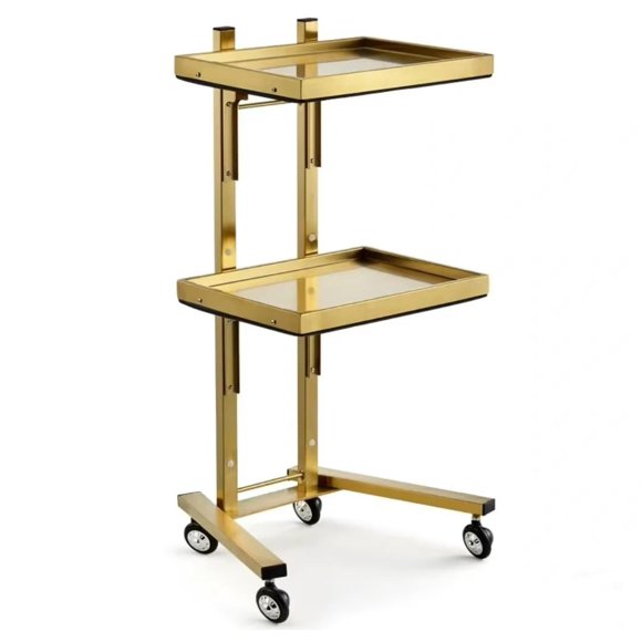2-Tier Metal Rolling Cart - 34" Salon Tray on Wheels, Folding Stainless Steel Trolley for Estheticians, Salon Studios, and Shops, Gold