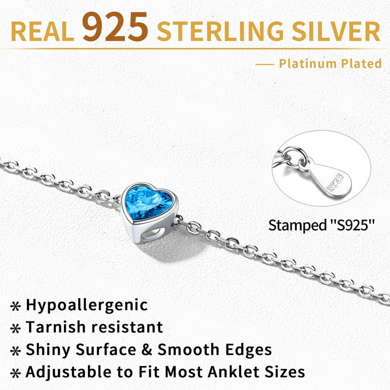 ChicSilver Sterling Silver Anklet Bracelet with Heart December Birthstone Summer Foot Chain Beach Vacation Ankle Jewelry for Women Girls