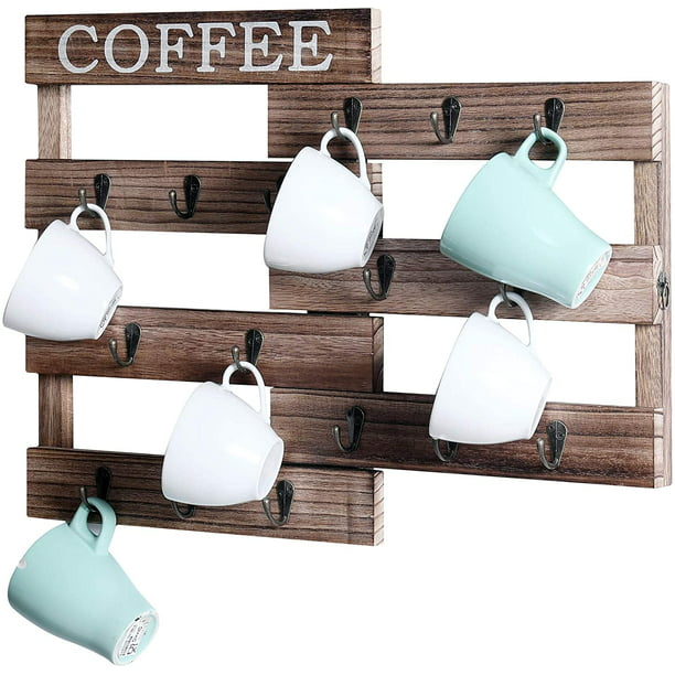 Welland Rustic Wooden Mug Organizer Pull Out Coffee Cup Holder Wall Mounted Rack W 16 Hooks Two Ways To Display Com - Wooden Coffee Mug Holder Wall Mount