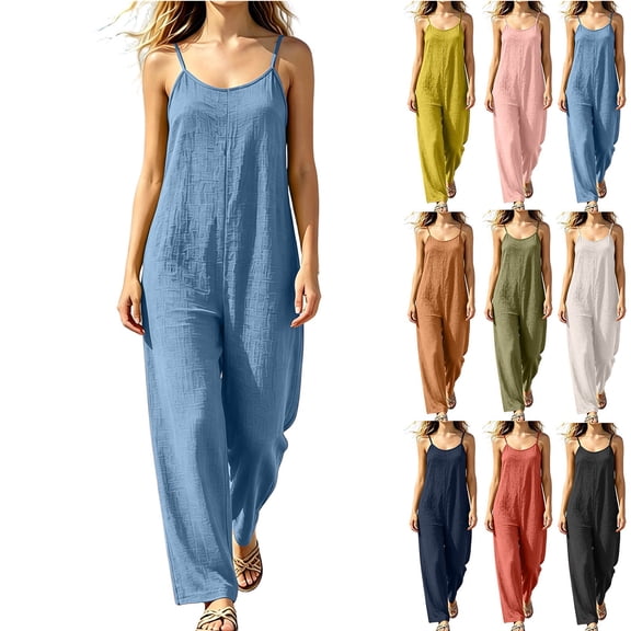 MexChoioe Womens Spaghetti Strap Jumpsuits Loose Linen Wide Leg Sleeveless Casual Rompers for Summer