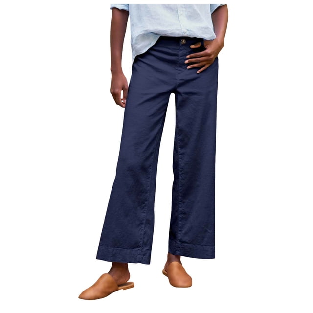 Pantalons en Lin pour Femmes - Pantalons Capri à Jambes Larges Évasées Taille Haute avec Poches