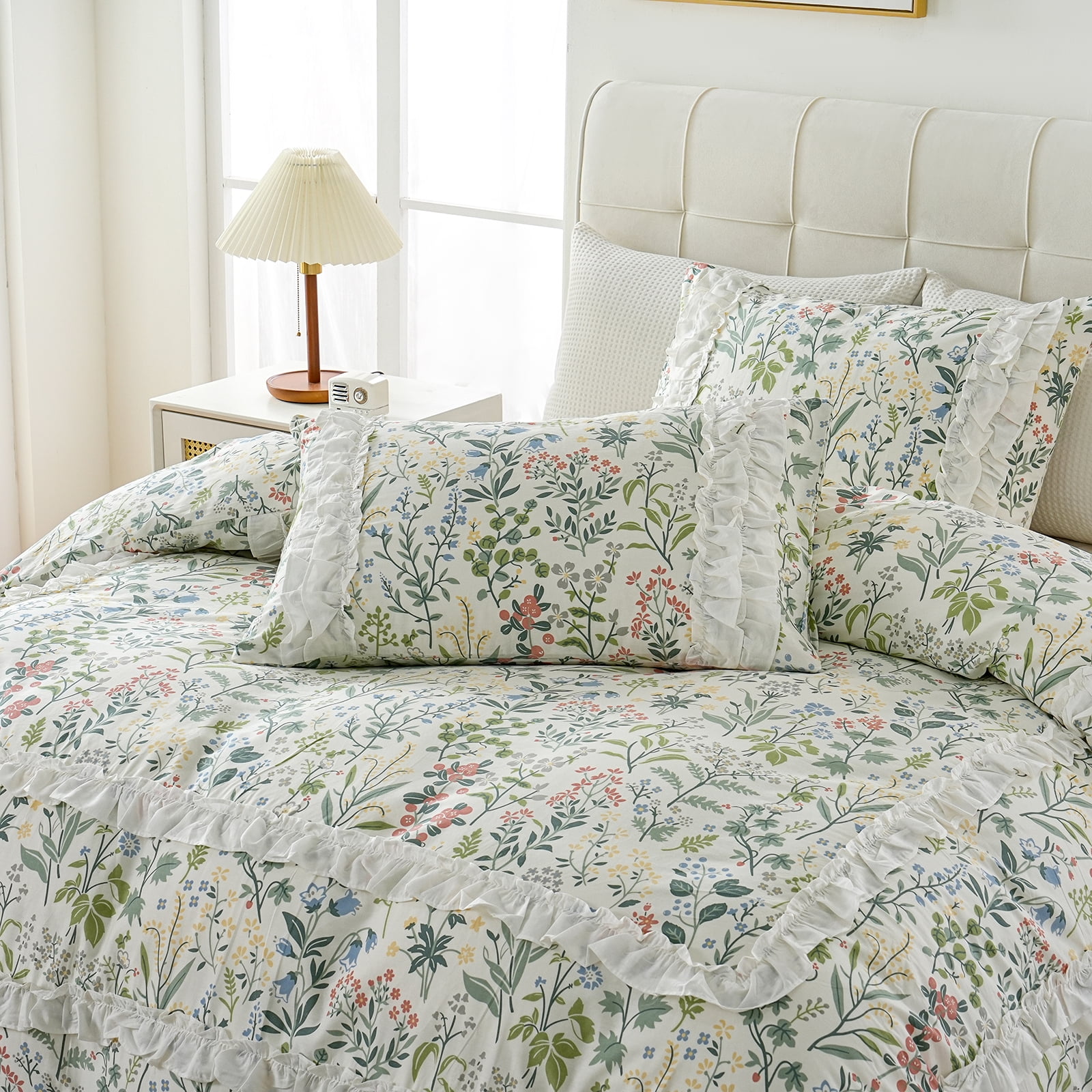 White Ruffle Duvet Cover Set 100% Cotton Green Floral Duvet Cover 3 Pcs Aesthetic Comforter Cover for All Seasons Soft Breathable Bedding Set with Zipper Closure
