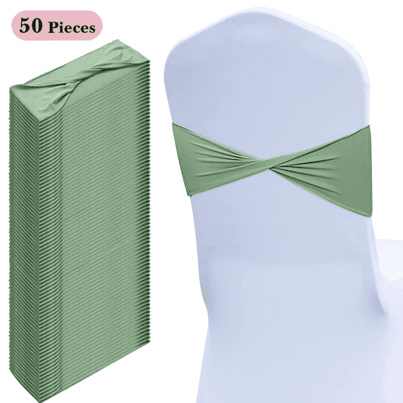 50 PCS Chair Sashes Bands Stretch Chair Ties Bows Without Buckle Slider for Wedding Party Banquet Decoration(Sage Green)