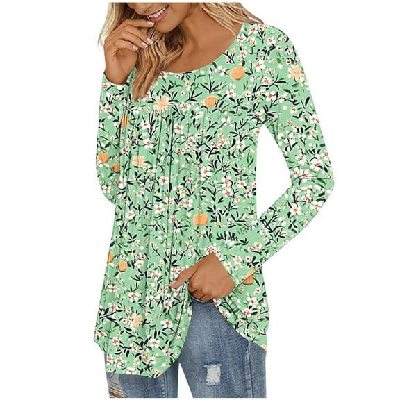 Womens Long Sleeve Tunic Tops Cotton Fall V Neck Casual Dressy T-Shirts Casual Floral Print Pullover Blouses (Green L)
