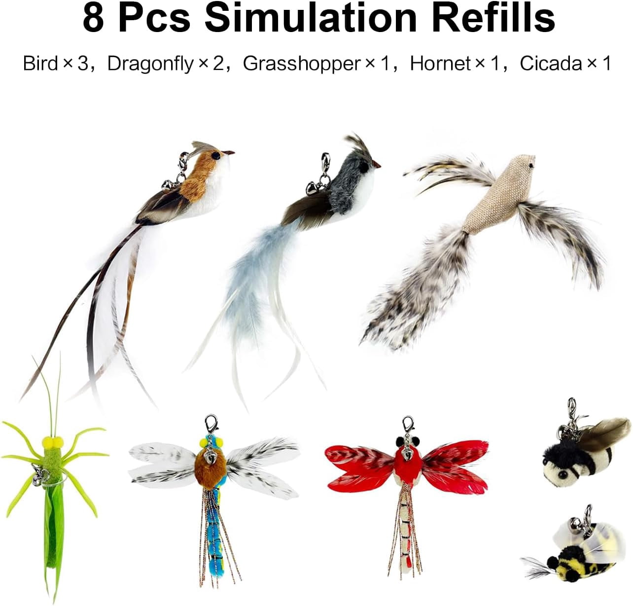 Cat Feather Toys Suction Cup, Cat Wands, Birds and Insects Dragonfly Grasshopper Simulation Feather Refills with Bells, Interactive Toys for Indoor Cats.
