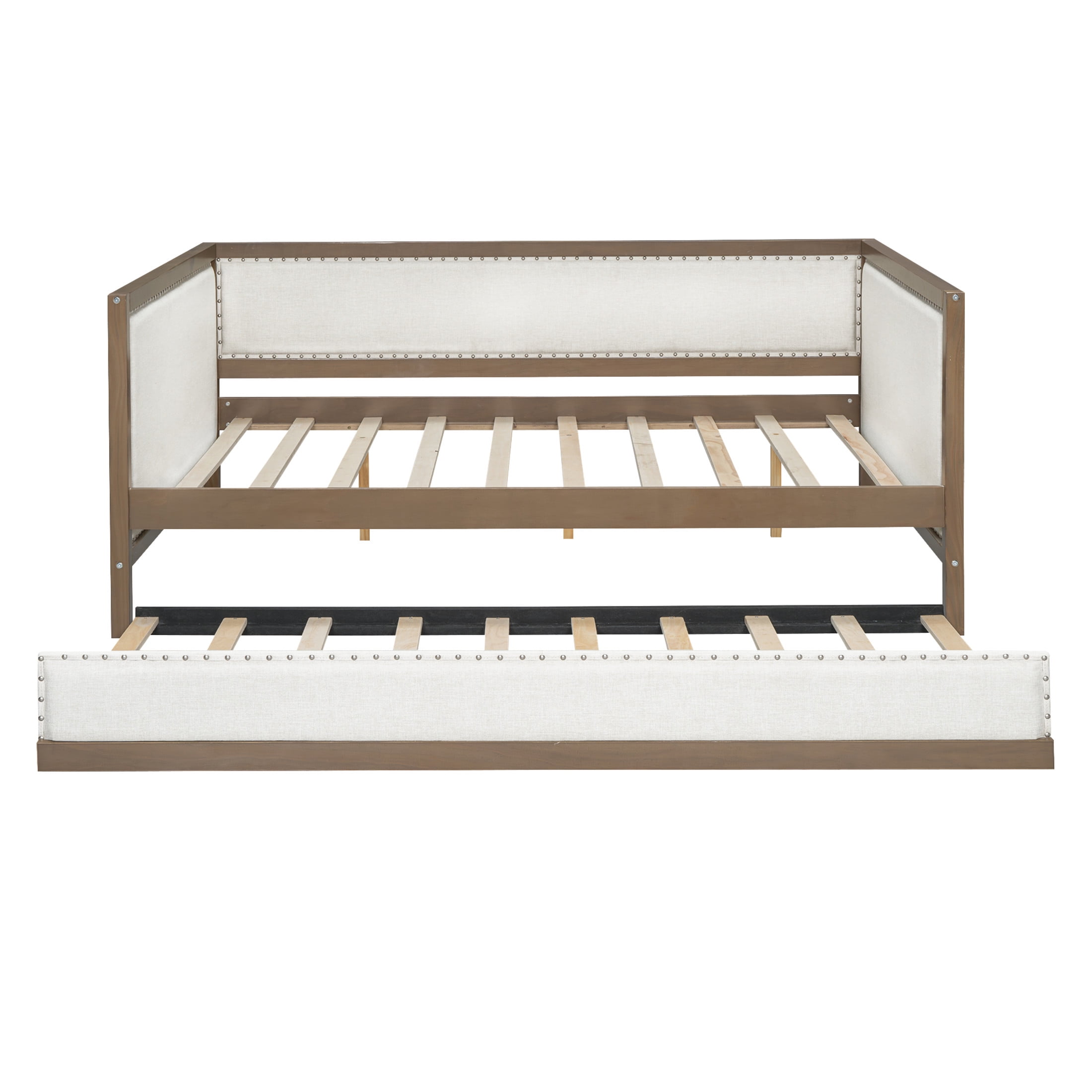 Noble House Dover Full Upholstered Daybed, Linen Guest Bed with Twin Trundle and Nailhead Trim, Wood & Beige