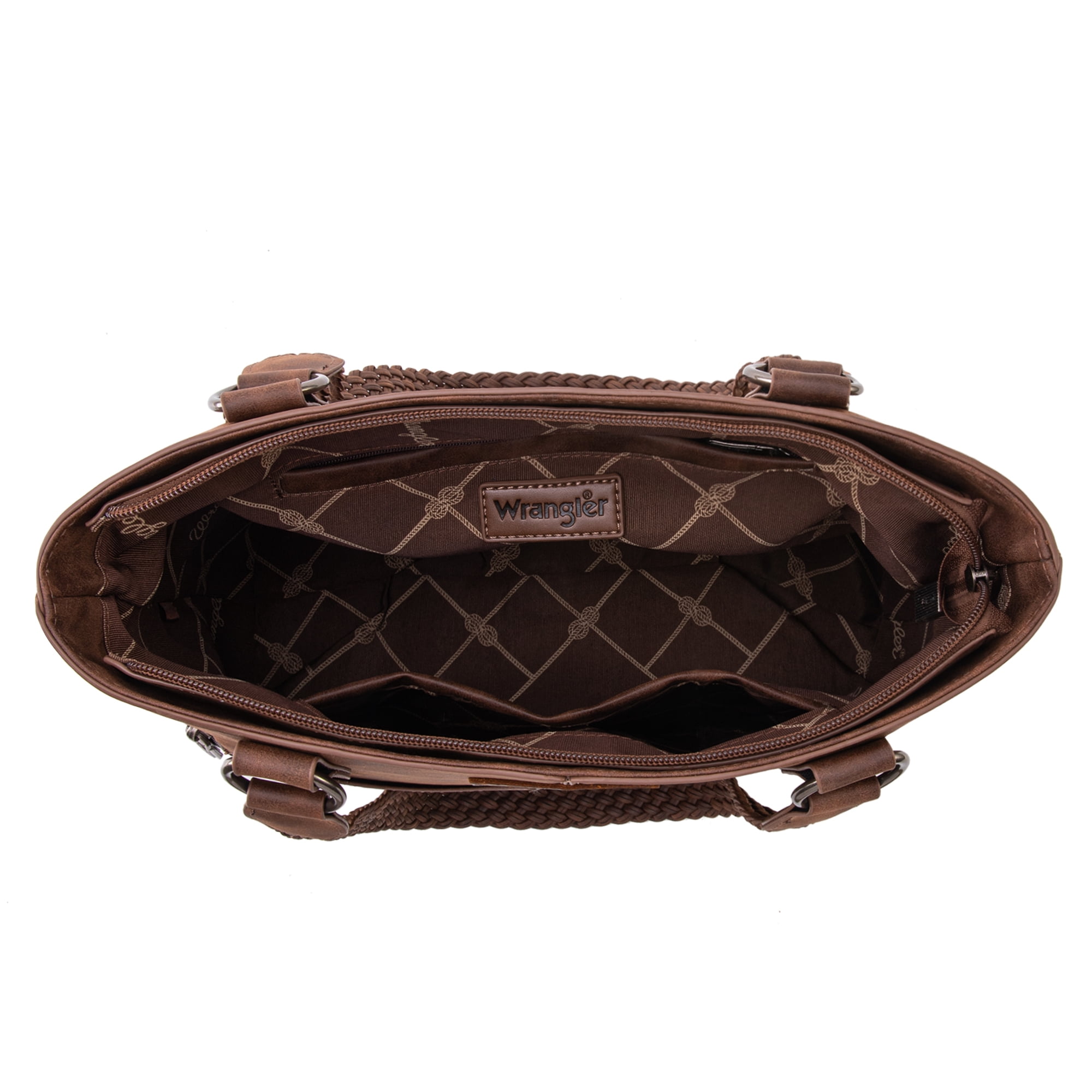 Wrangler Distressed Tote Bag for Women Western Purse Multi Pockets Handbags and Shoulder Bag, Braided-coffee Bean