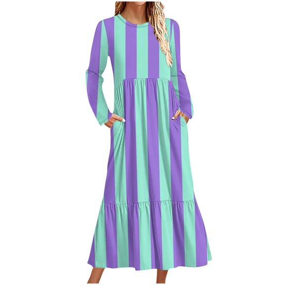Sexlip Womens Striped Maxi Dress Long Sleeve Design Lightweight Fabric Relaxed Silhouette for Daily Errands Blue M