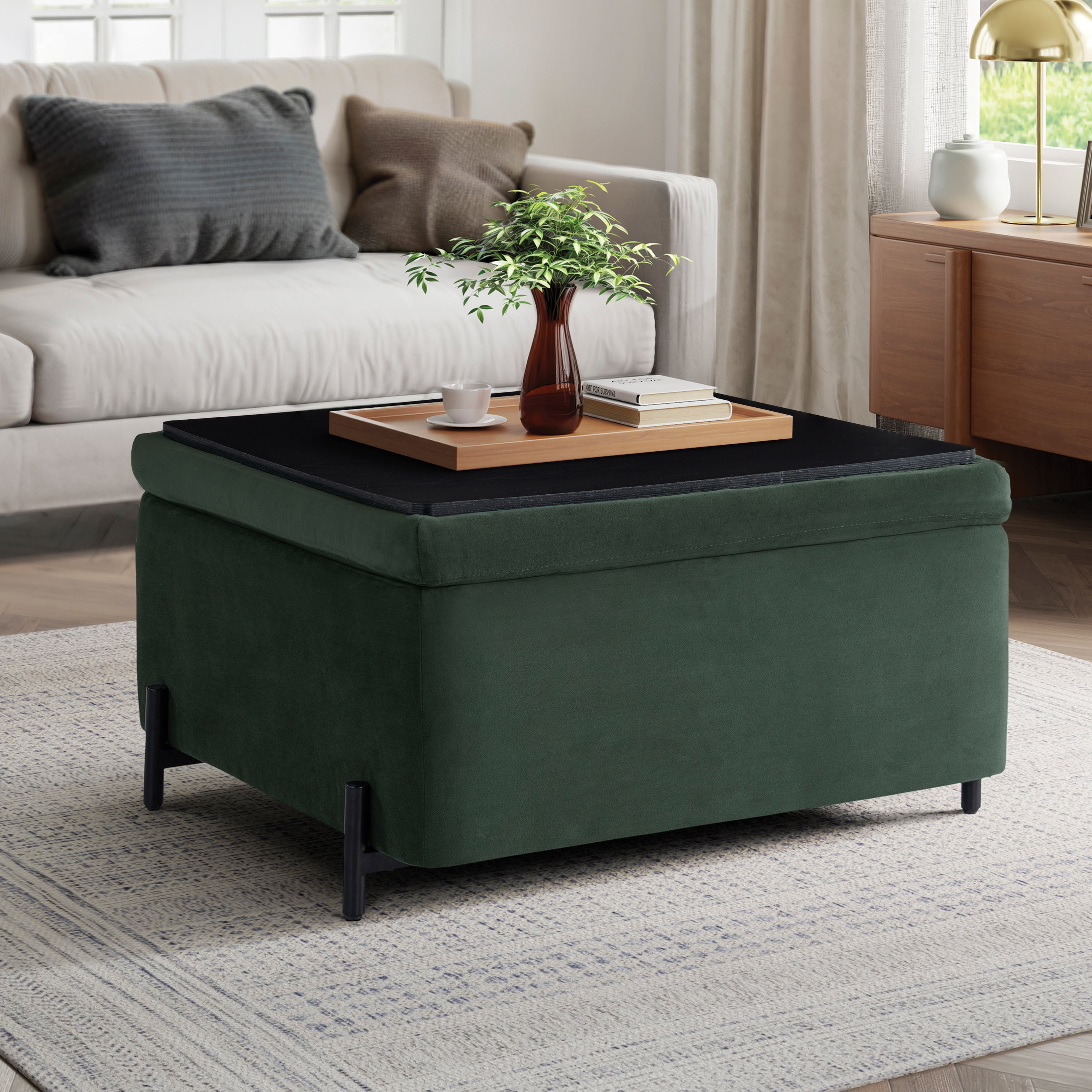 Studio Living Kingston Modern Large Storage Ottoman, Green Velvet Fabric