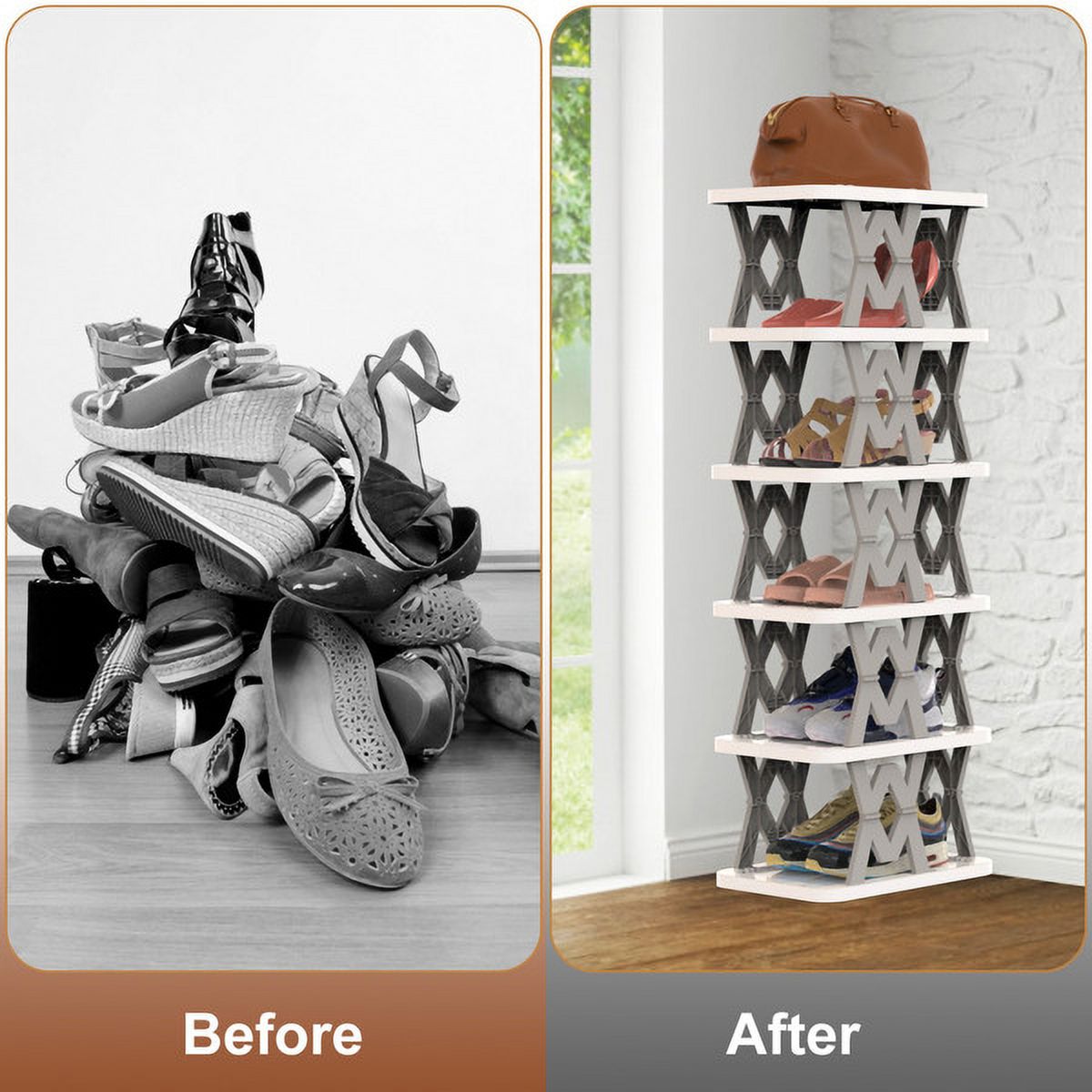 6 Tier Foldable Shoe Rack Vertical Shoe Organizer Narrow Shoe Rack for Small Spaces Space Saving Free Standing for Corner Entryway Hallway Bedroom