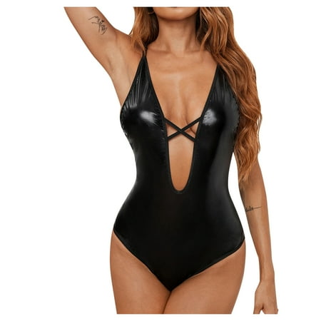 adviicd Teddy Lingerie For Women Plus Size Lingerie for Women Naughty One Piece Halter Deep V Neck Lace Bodysuit Criss Cross Teddy Mini Black L