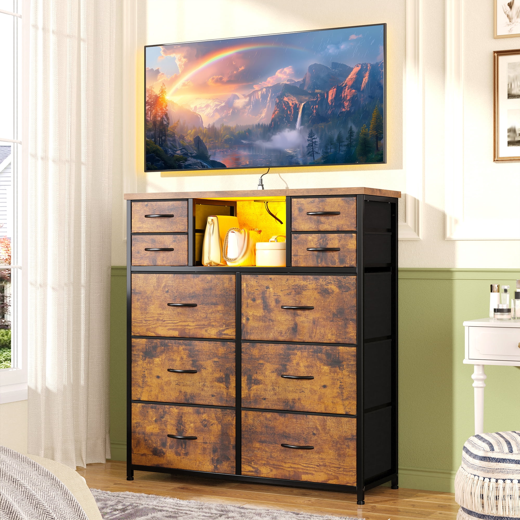 Enhomee Dresser for Bedroom with LED Lights & Charging Station Tall Chest of 10 Fabric Drawers with Storage Shelves, Rustic Brown