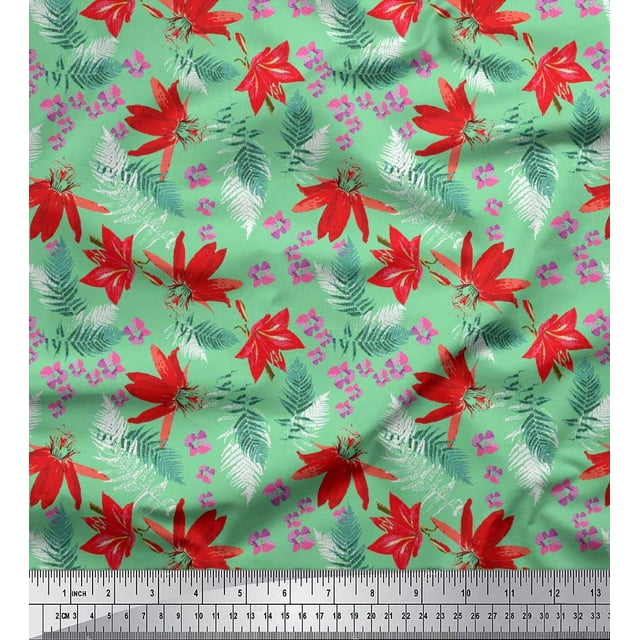 Soimoi Polyester Crepe Fabric Spruce Leaves & Lily Floral Print Fabric by Yard 52 Inch Wide