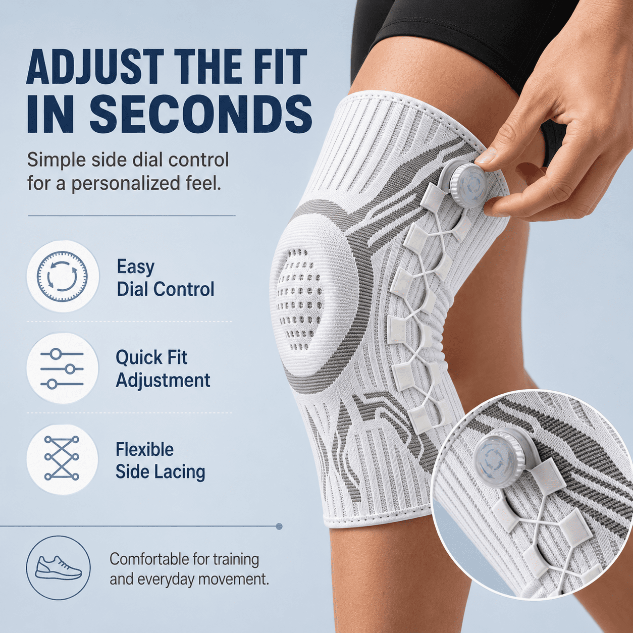 PeakFlex Knee Sleeve with Dial Fit System & Dual Side Stabilizers, Adjustable Compression Knee Support for Men & Women, Breathable Non-Slip Knee Brace for Running, Basketball, Gym, Hiking