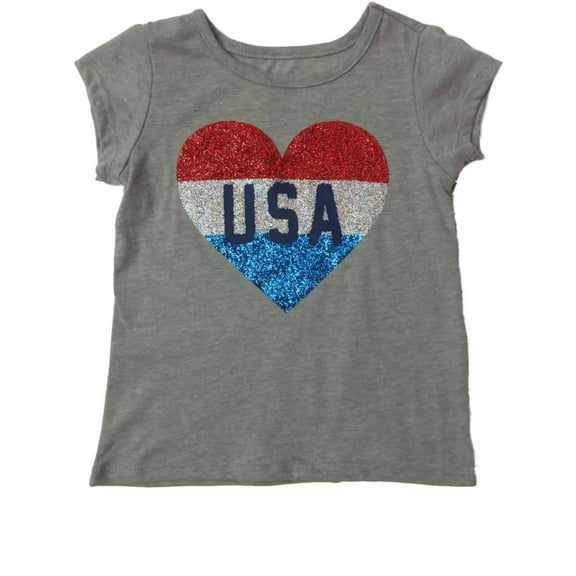 Toddler Girls Gray USA Glitter Heart Patriotic Fourth Of July Holiday T-Shirt