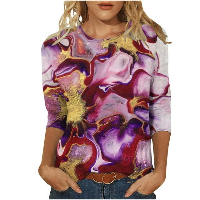 Pompotops T-shirt Mode Imprimé Ample Manches 3/4 Blouse Col Rond Tops Décontractés Liquidation