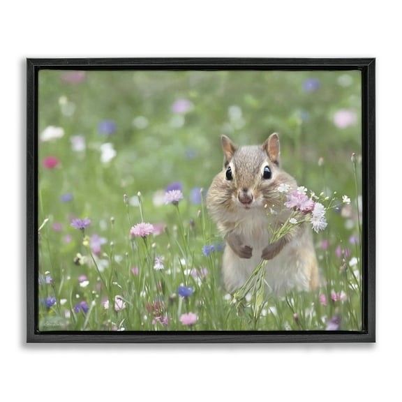 Stupell Industries Chipmunk Picking Flowers Animals & Insects Painting Black Floater Framed Canvas Art Print Wall Art, 21 x 17
