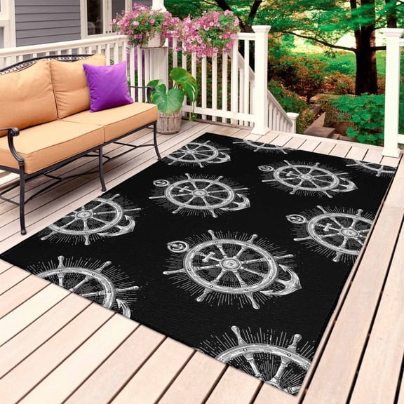 Nautical Anchor Outdoor Rug 4x6 Ft, Non Slip Washable Area Rug, Coastal Ocean Sea Textured Black Patio Rugs Carpet Runner, Large Floor Mat for Indoor/Outdoor Deck Porch Camping
