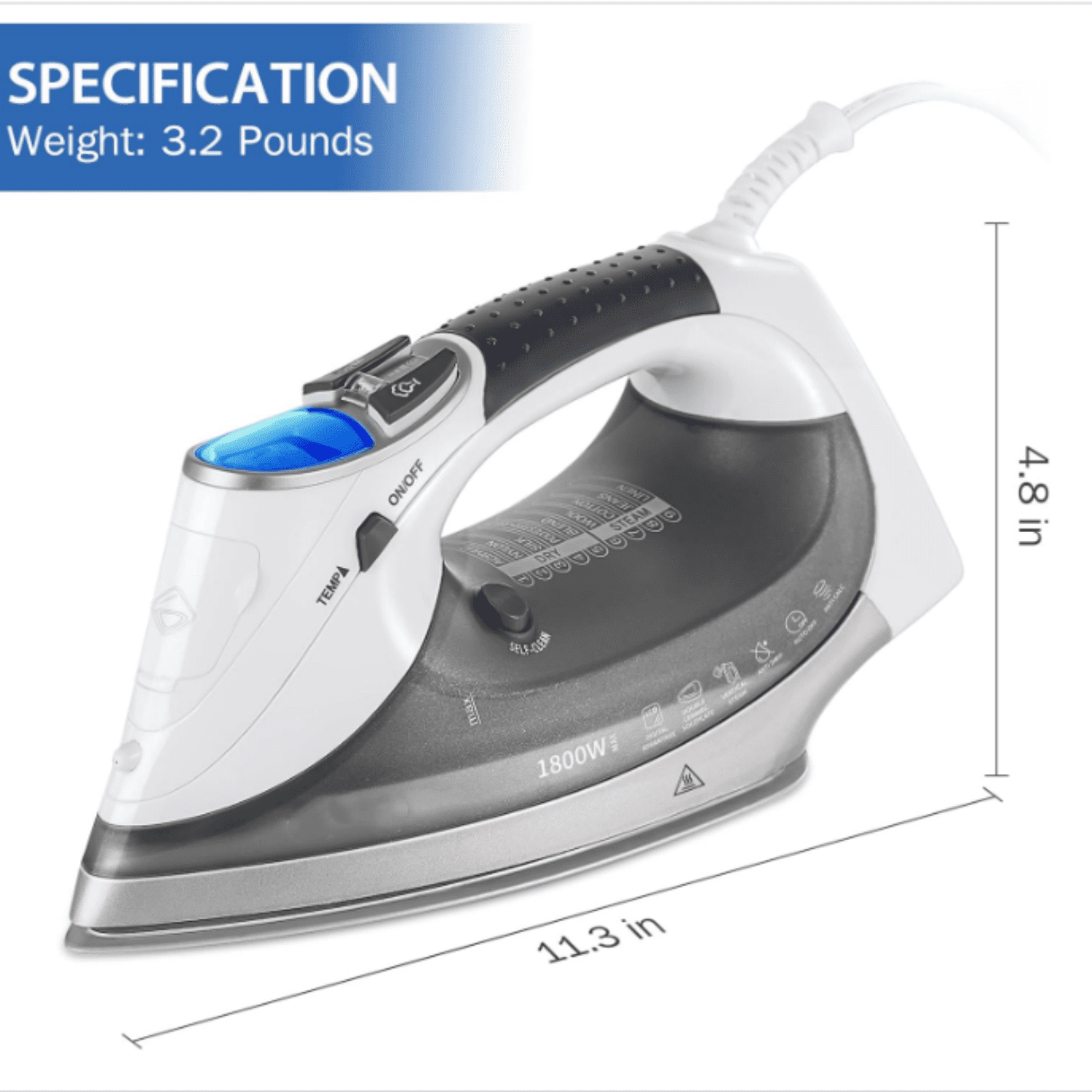 1800-Watt Steam Iron with Digital LCD Screen, Double-Layer and Ceramic Coated Soleplate, 3-Way Auto-Off, 9 Preset Temperature and Steam Settings for Variable Fabric Gray