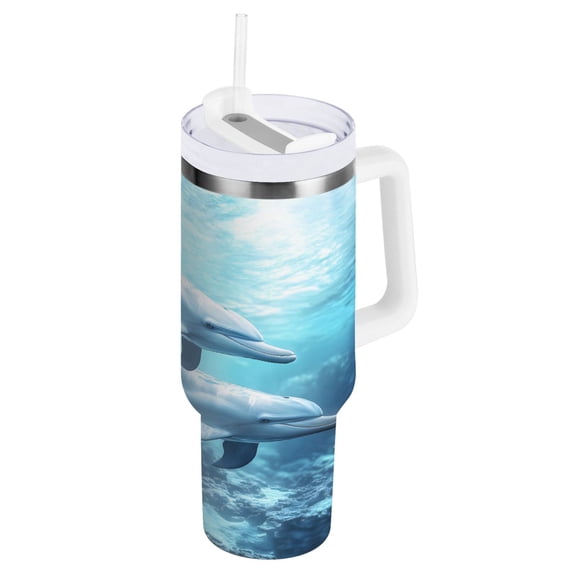 Ryvnso 40 oz Tumbler with Handle and Straw Insulated Stainless Steel Travel Mug with Lid Two Dolphins