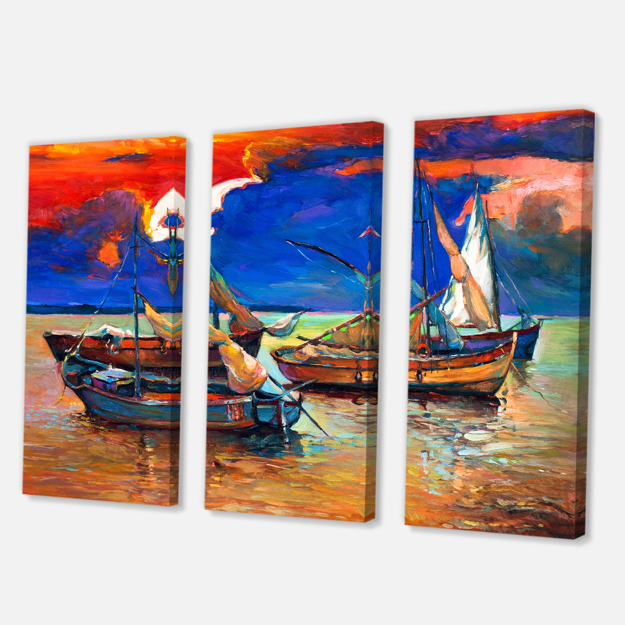 Designart ' Boats On The Water With Dark Blue Sky I ' Lake House Canvas Wall Art Print