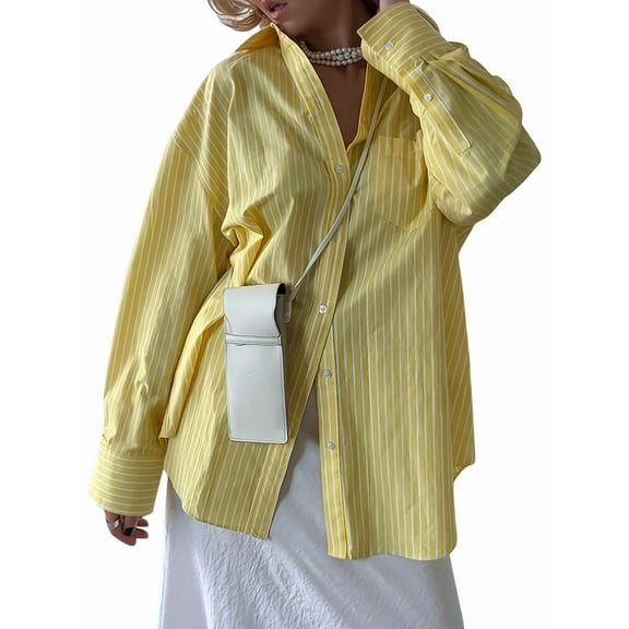 Women'S Oversized Striped Button Down Shirt Sun Protection Yellow Tops Long Sleeve Blouse Tops S