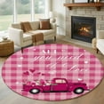thumbnail image 2 of Pink Plaid Washable Round Area Rug 5 ft, Truck With Roses Romantic, Soft Non Slip Rugs Stain Repellent Indoor Felt Carpet for Living Dining Room Bedroom Home Office, 2 of 9