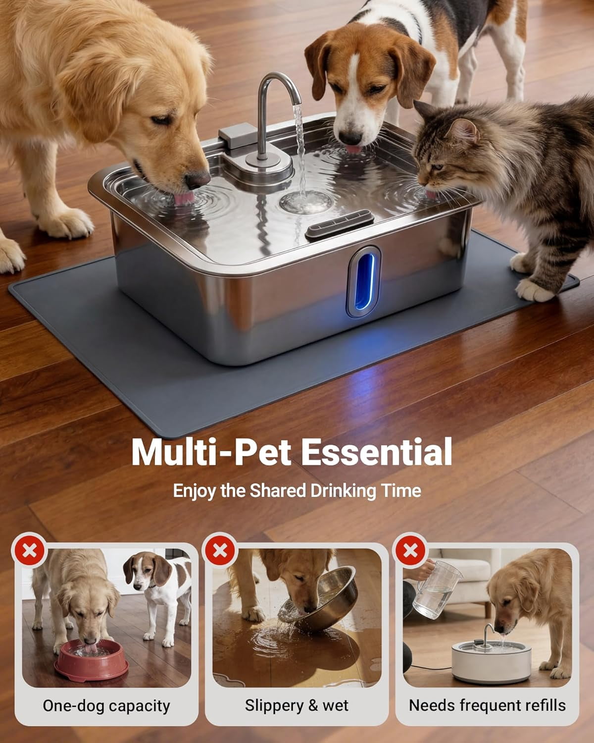 Automatic Pet Water Fountain with Silicone Mat & 3 Filters, Stainless Steel Dispenser with Visible Window and Alert Light for Large Dogs and Cats