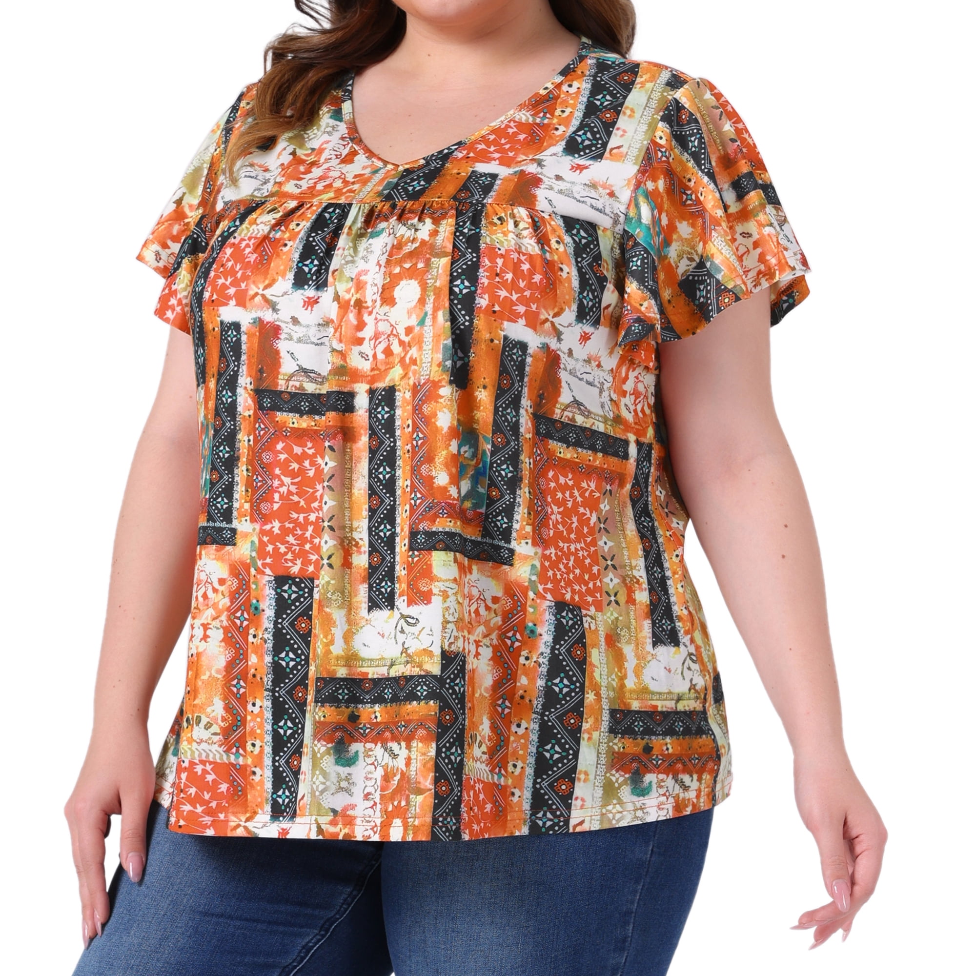 DARING DIVA Women's Plus Ruffle Boho Floral T Shirt 4X Orange