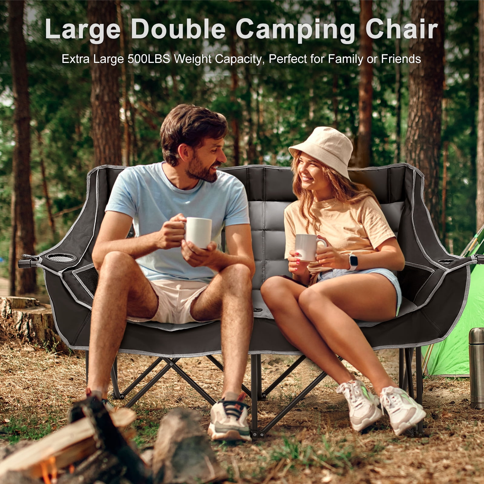 ABORON Oversized Double Camping Chair, Folding 2 Person Camping Chair Loveseat, Fully Padded Duo Chair Camping Couch, Portable Double Camp Chair, Lawn Chairs, Camping Bench with Carrying Bag