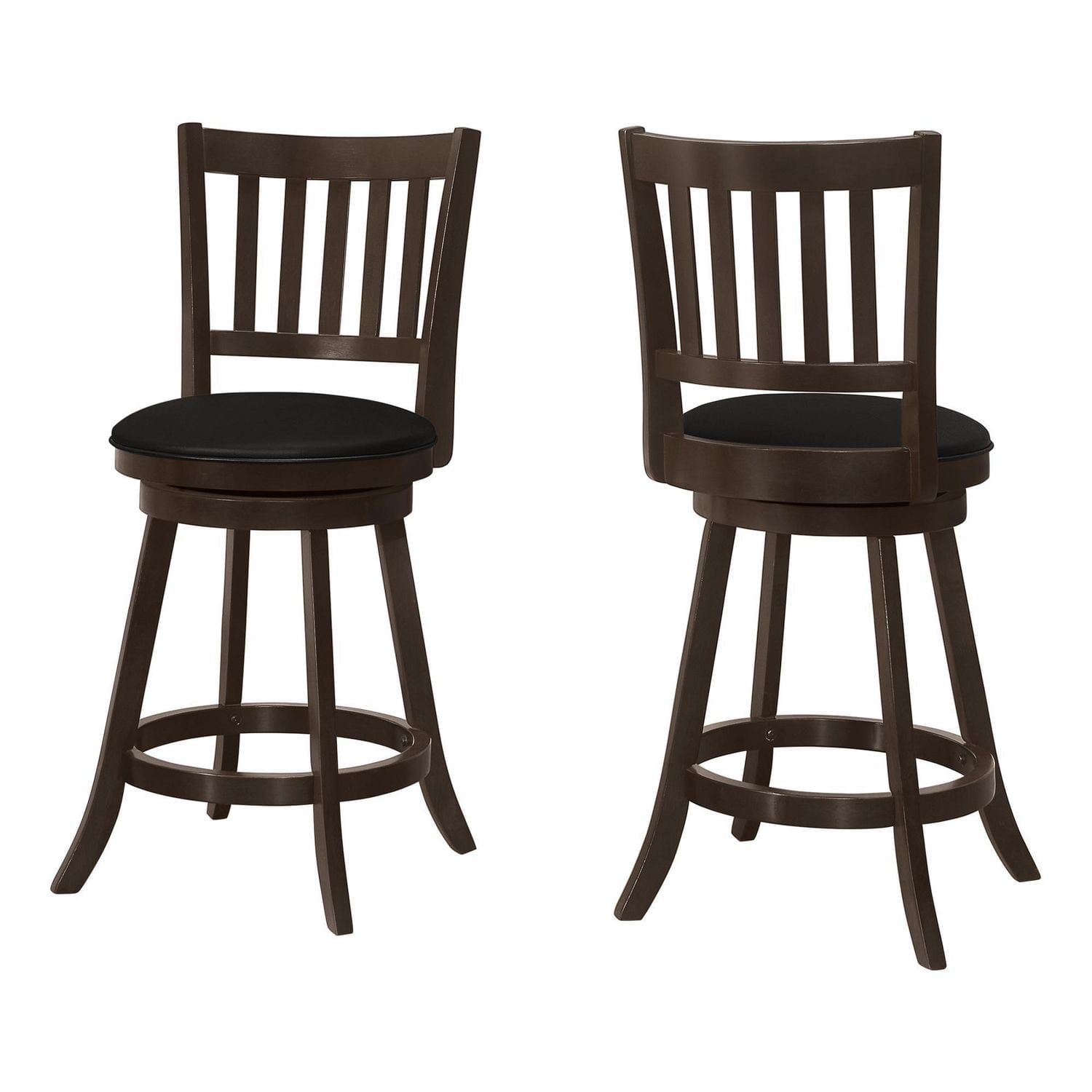 Monarch Specialties Bar Stool, Set Of 2, Swivel, Counter Height, Kitchen, Wood, Pu Leather Look, Brown, Black, Transitional