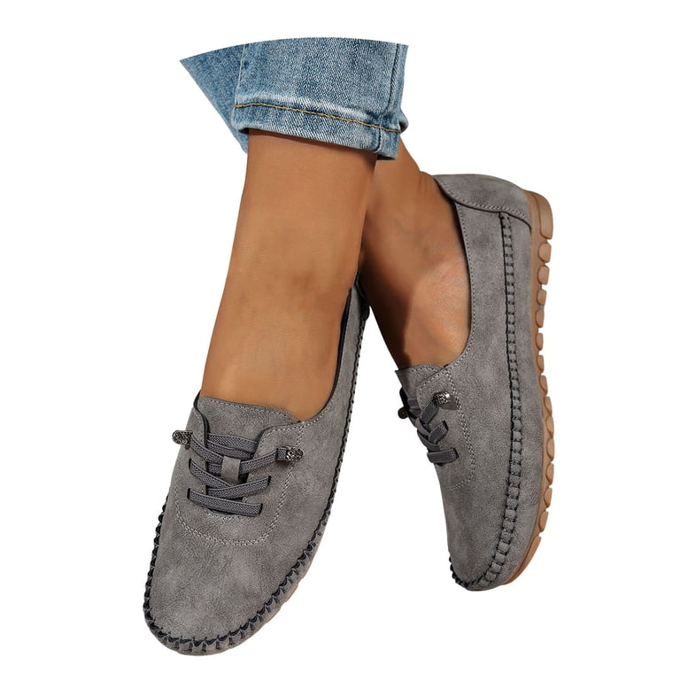 Penny Loafers for Women Round Toe Stitching Suede Lace up  display picture 2