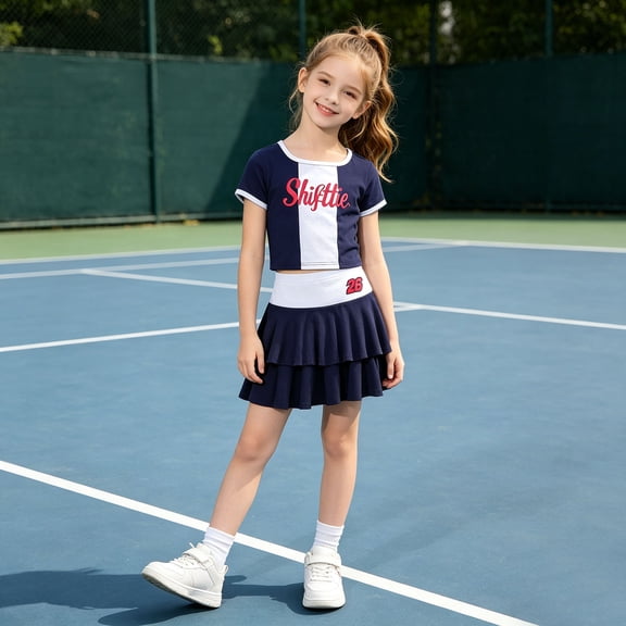 MEZZALL Child Girls Tennis Style Two Piece Outfit Sets Short Sleeve Tops With Cake Skirt Sporty Campus Round Neck Versatile Clothes Sets