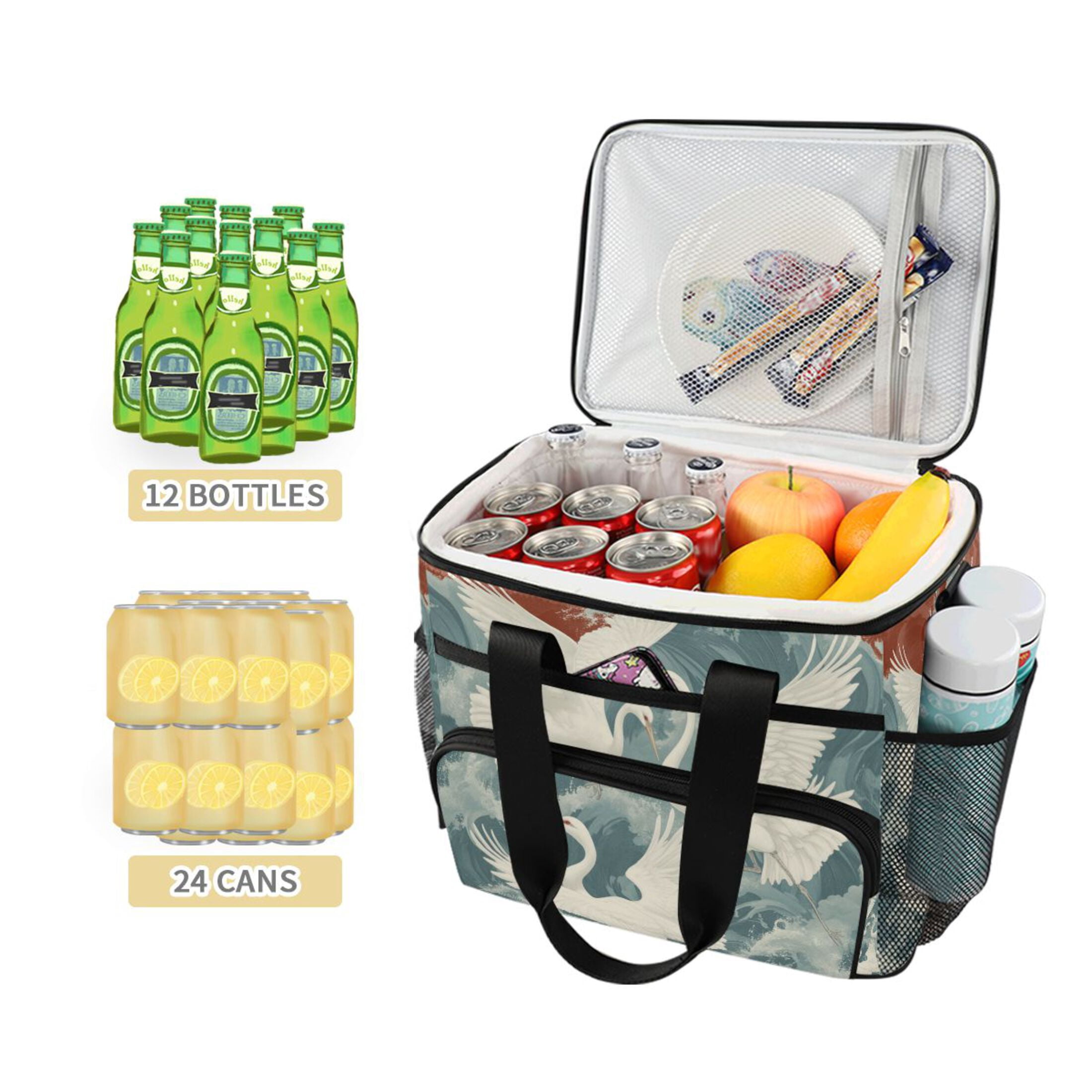 White Crane in The Waves Insulated Lunch Bag 15L Cooler Box for Women Men Work Camping Beach Travel