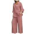 thumbnail image 3 of Dazajoo Womens Plus Size Linen Sets Button Down Long Sleeve Shirts and Wide Leg Elastic Waist Pants with Pockets Summer Solid Color Lounge Suits,Pink,L, 3 of 7
