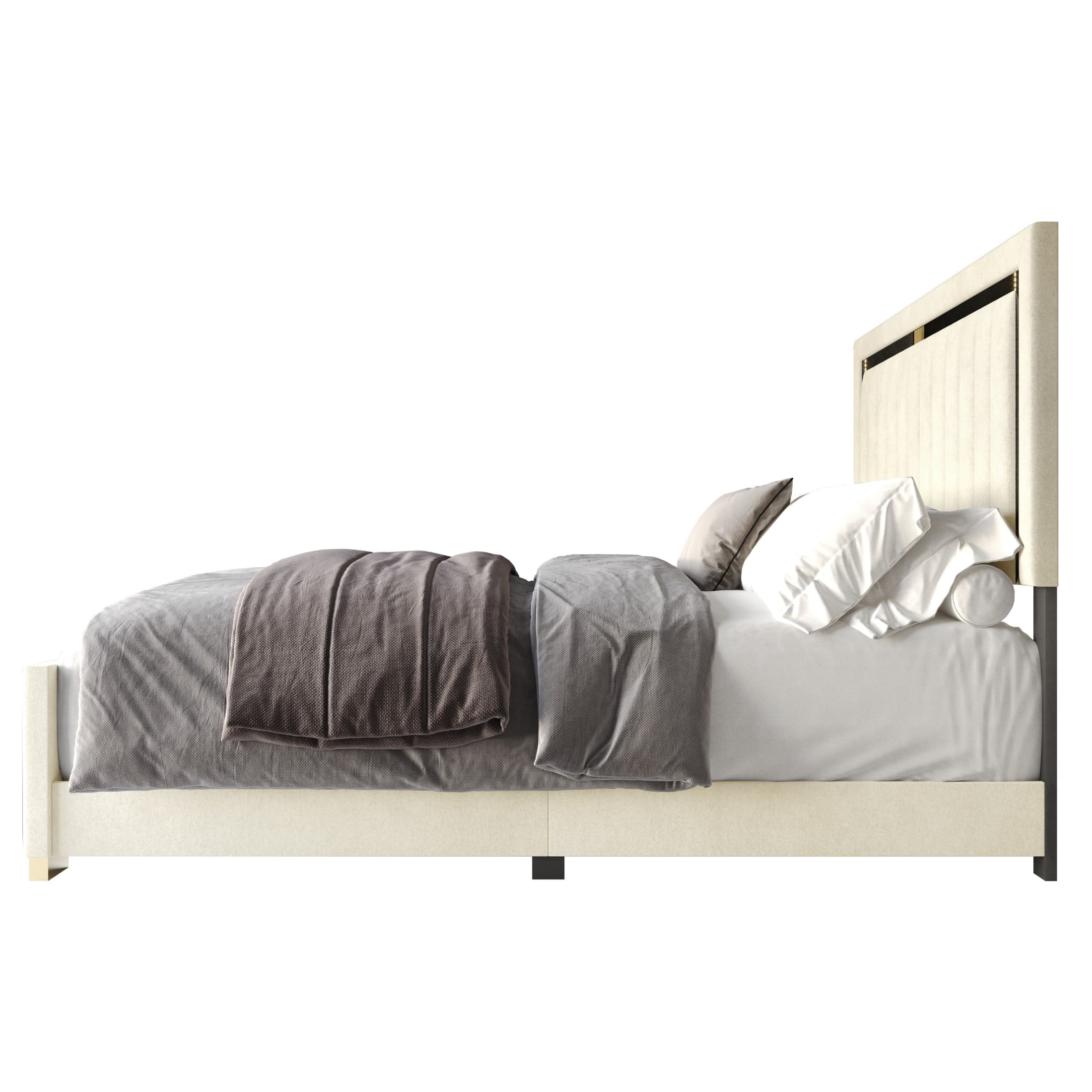 Home Design Olathe Queen Upholstered Panel Bed Frame with Channel-Tufted Headboard and Gold Acrylic Strip Accents, Beige, Easy Assembly