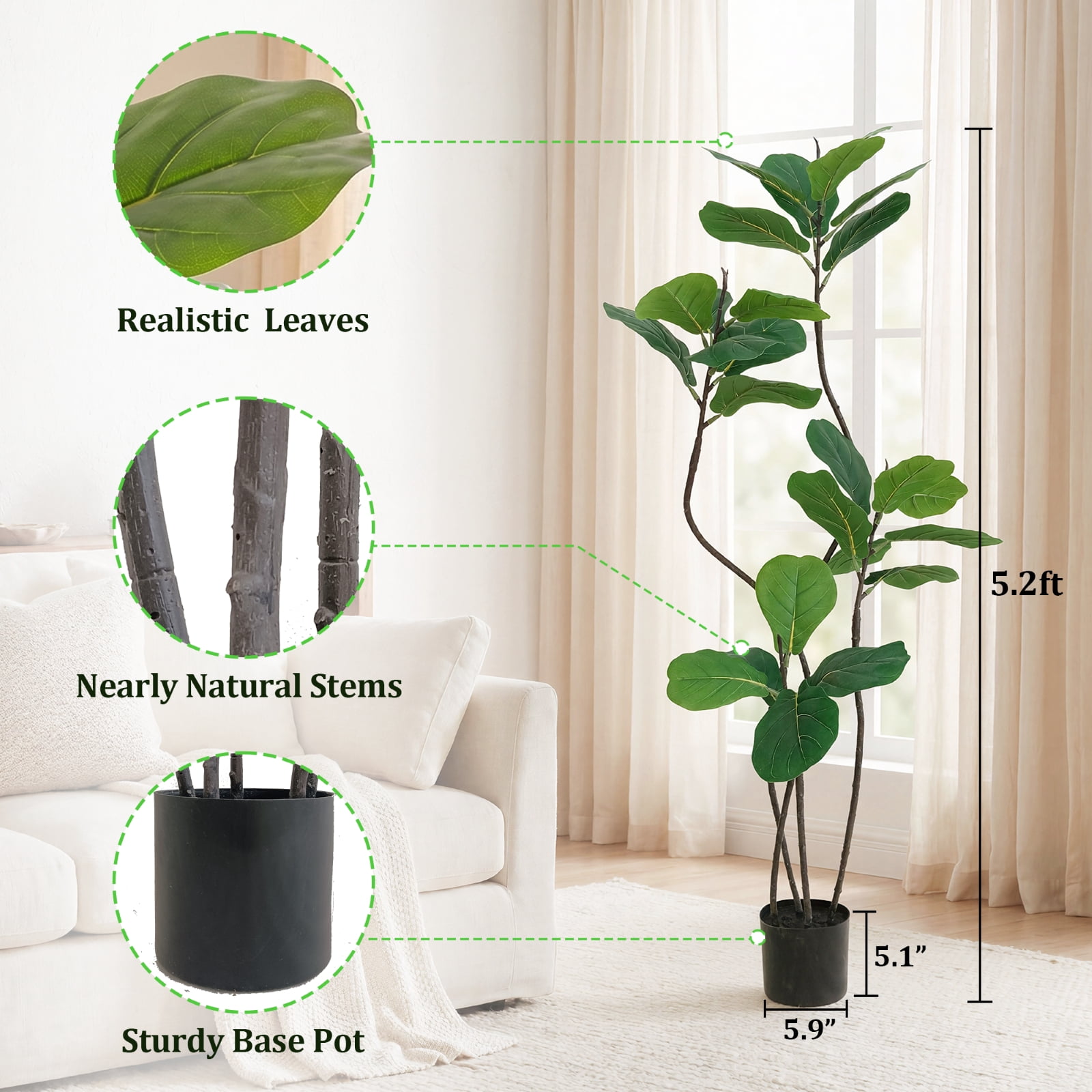 BEAUTYPEAK 6FT Artificial Fiddle Leaf Fig Tree Faux Ficus Tree Fake Green House Plants Indoor Outdoor Floor Plant
