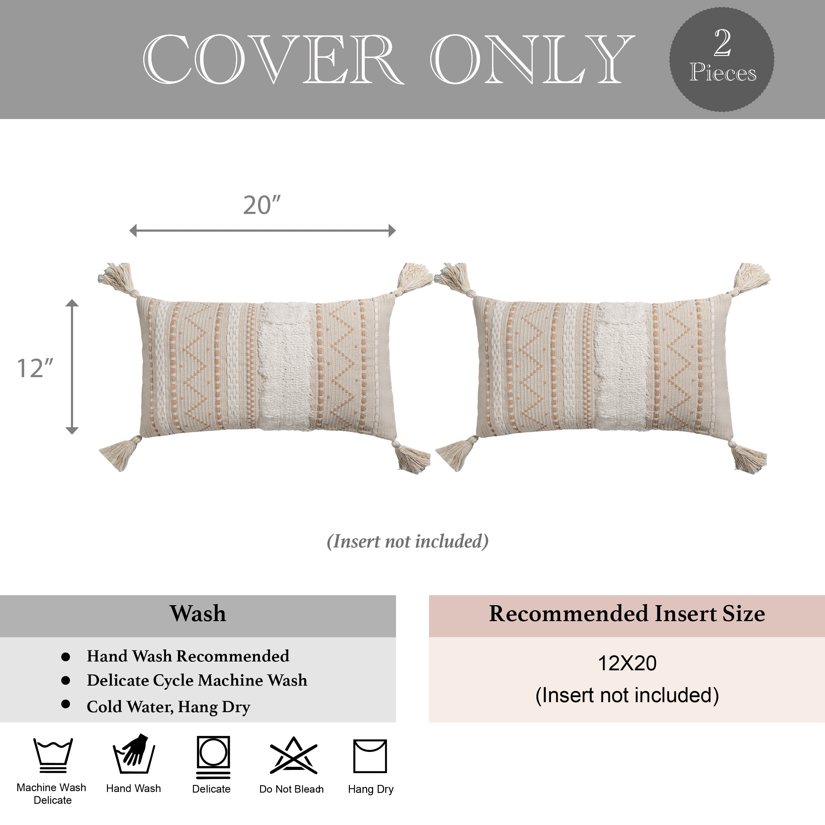 BlissBlush Decorative Lumbar Throw Pillow Cover 12x20 Combo Set of 2 Cream Neutral White Rectangular Boho Accent Pillowcase Farmhouse Cushion for Couch Sofa Bedroom Living Home Décor Cover ONLY