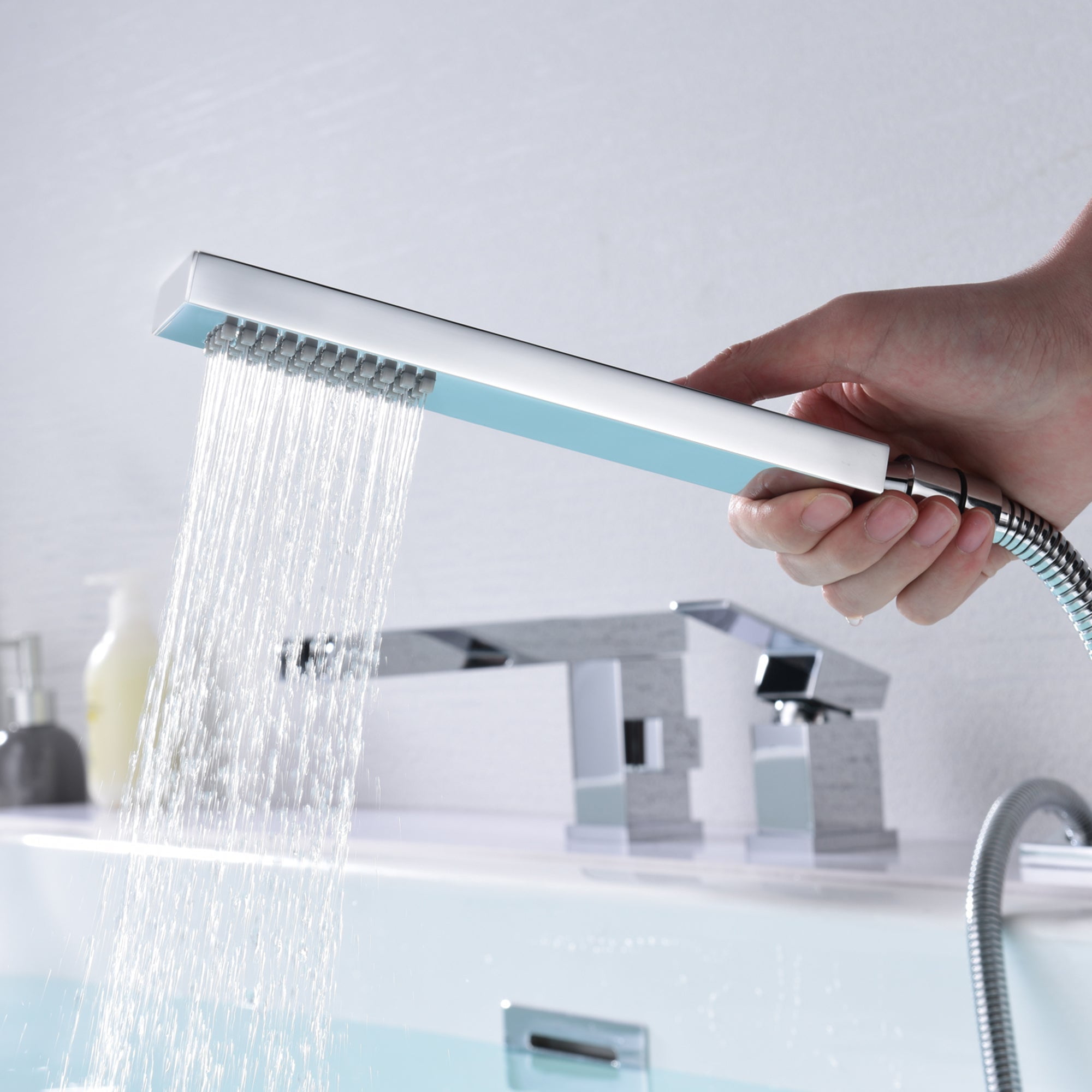 Waterfall Roman Tub Faucet with Hand Shower, 3 Hole Bathtub Faucet with Shower Diverter Chrome Finish Sumerain