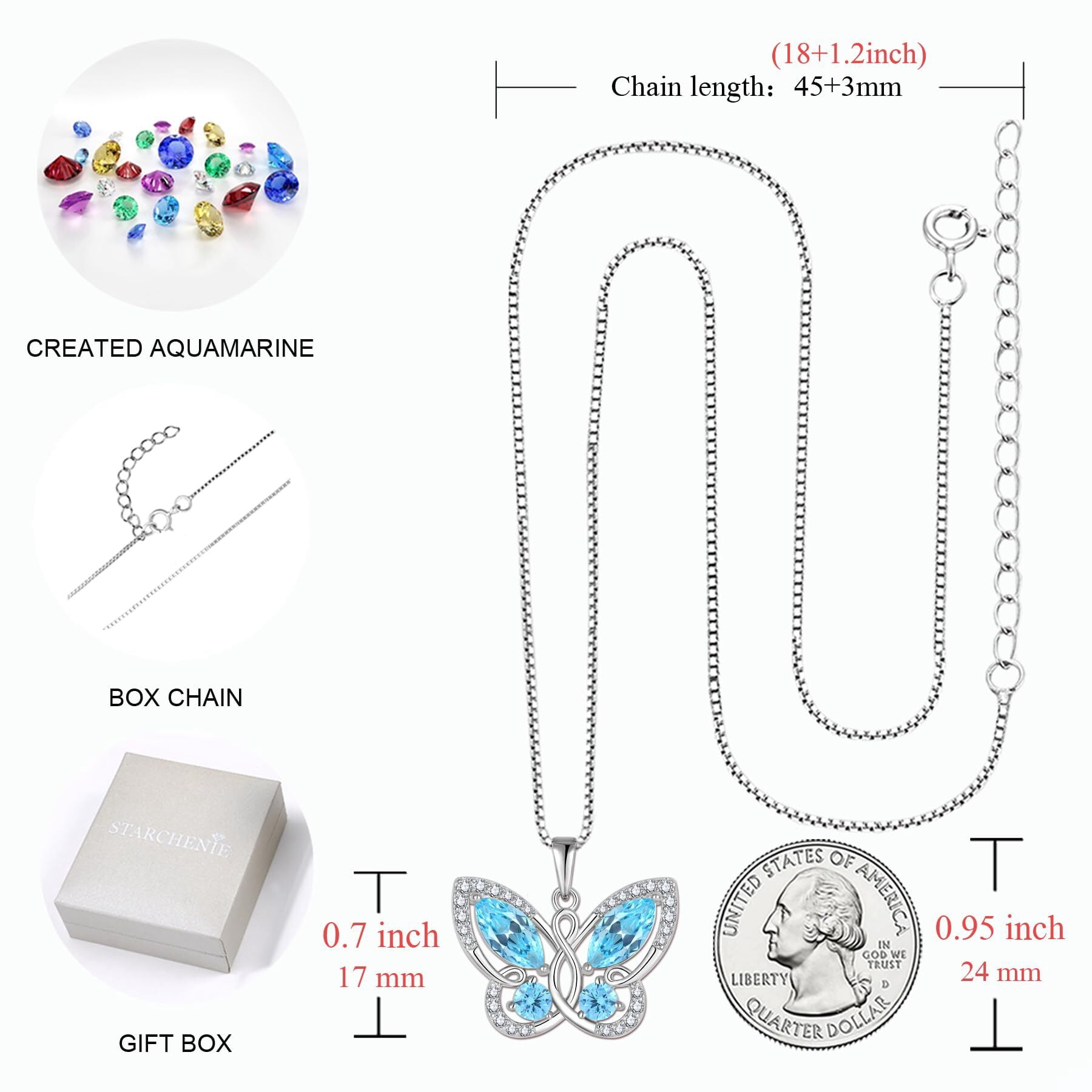 Starchenie Butterfly Pendant Necklace Women 925 Sterling Silver Birthstone March Aquamarine Butterfly Jewelry Gifts