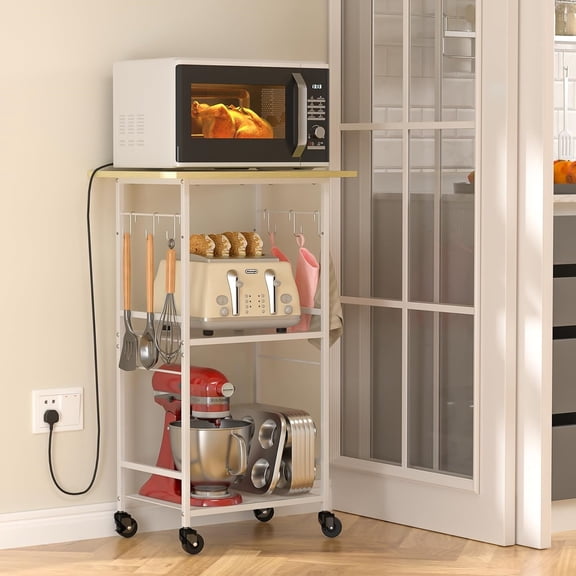 Rolling Kitchen Microwave Cart, 3 Tier Microwave Table Stand with Adjustable Shelf, Kitchen Storage Rack on Wheels, Coffee Station Cart Rack Shelf Organizer for Living Room Office, Balcony