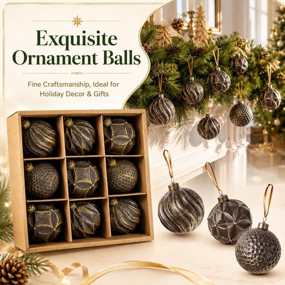 Vintage Christmas Decor, Gold Christmas Ornaments, Christmas Ornaments Set, Christmas Tree Decor, 9 Boxed 3 in Antique Finish Embossed Hanging Christmas Balls, Complete Hanging