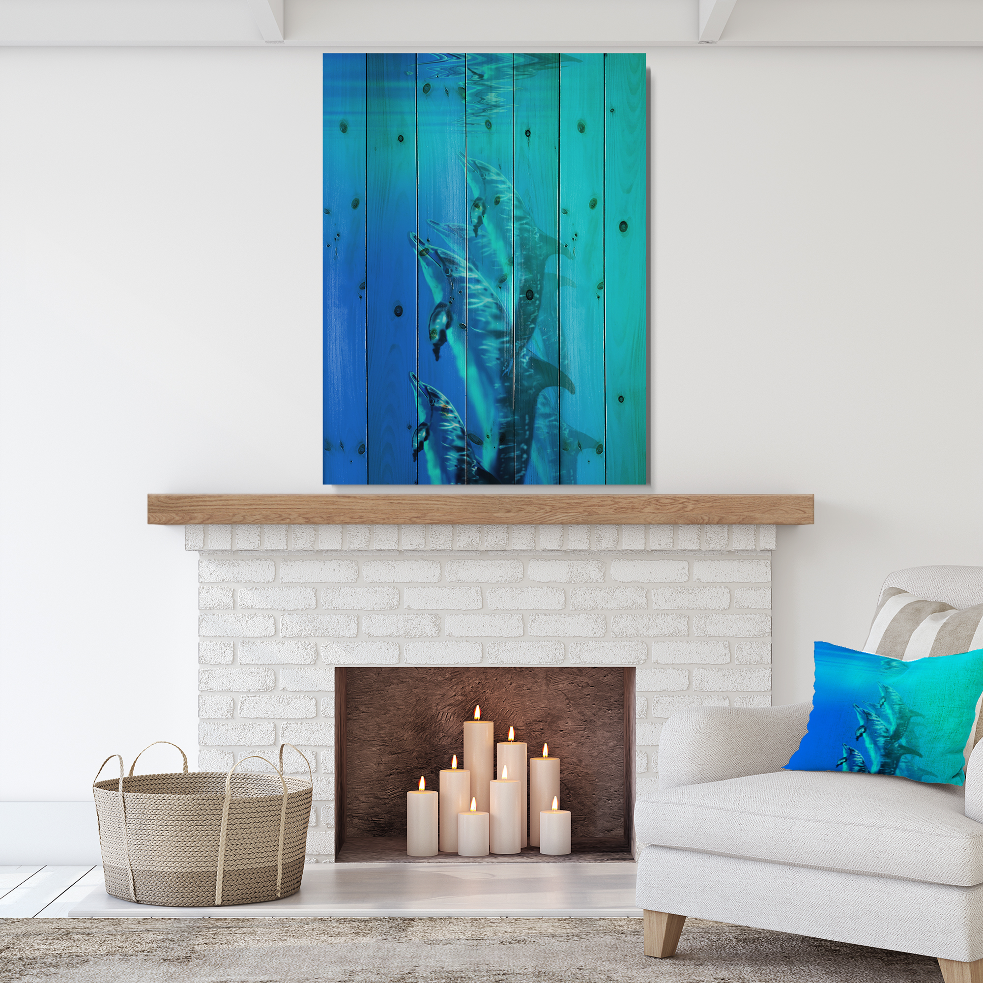 Designart 'Dolphin in Blue Sea' Seascape Print on Natural Pine Wood