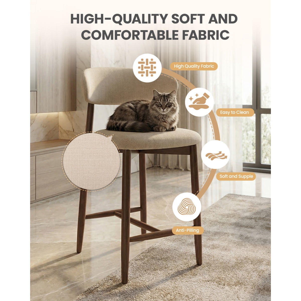 EOP Upholstered Counter Height Bar Stool with Back, Modern Kitchen Island Stool, Wood Leg Bar Chair for Kitchen Island Dining Room Bar Counter, Beige