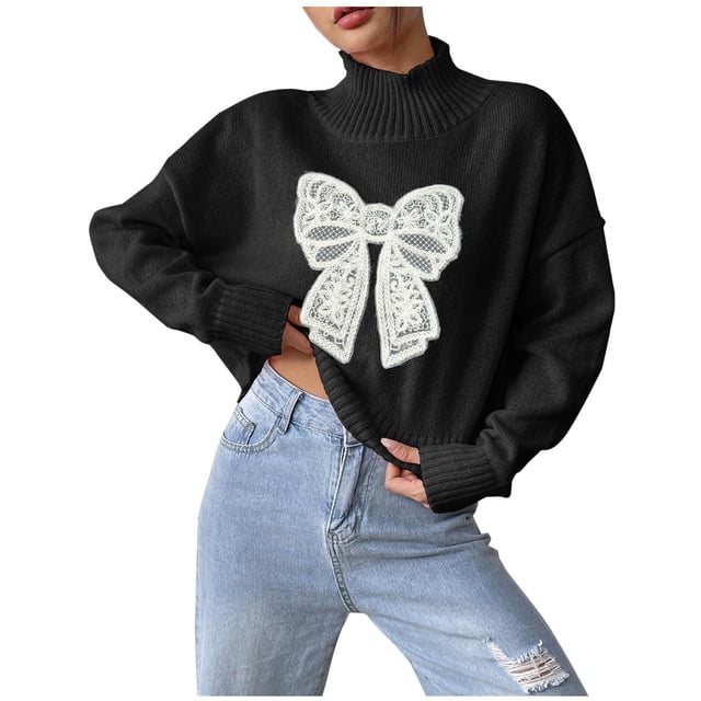 Pisexur Chandails pour Femmes Mode d'Automne Nœud Broderie Col Roulé Chandail Décontracté Ample Manches Longues Chandail à Enfiler Hauts Tunique Tendance