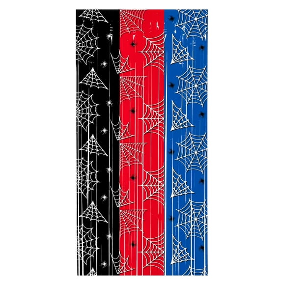 Halloween Decorations Spider Web Pattern Tassel Door Curtain in Red Blue Black, Hanging Fringe Drape Background for Birthday Party Decor, Festive Streamer Doorway Cover for Themed Holiday Events