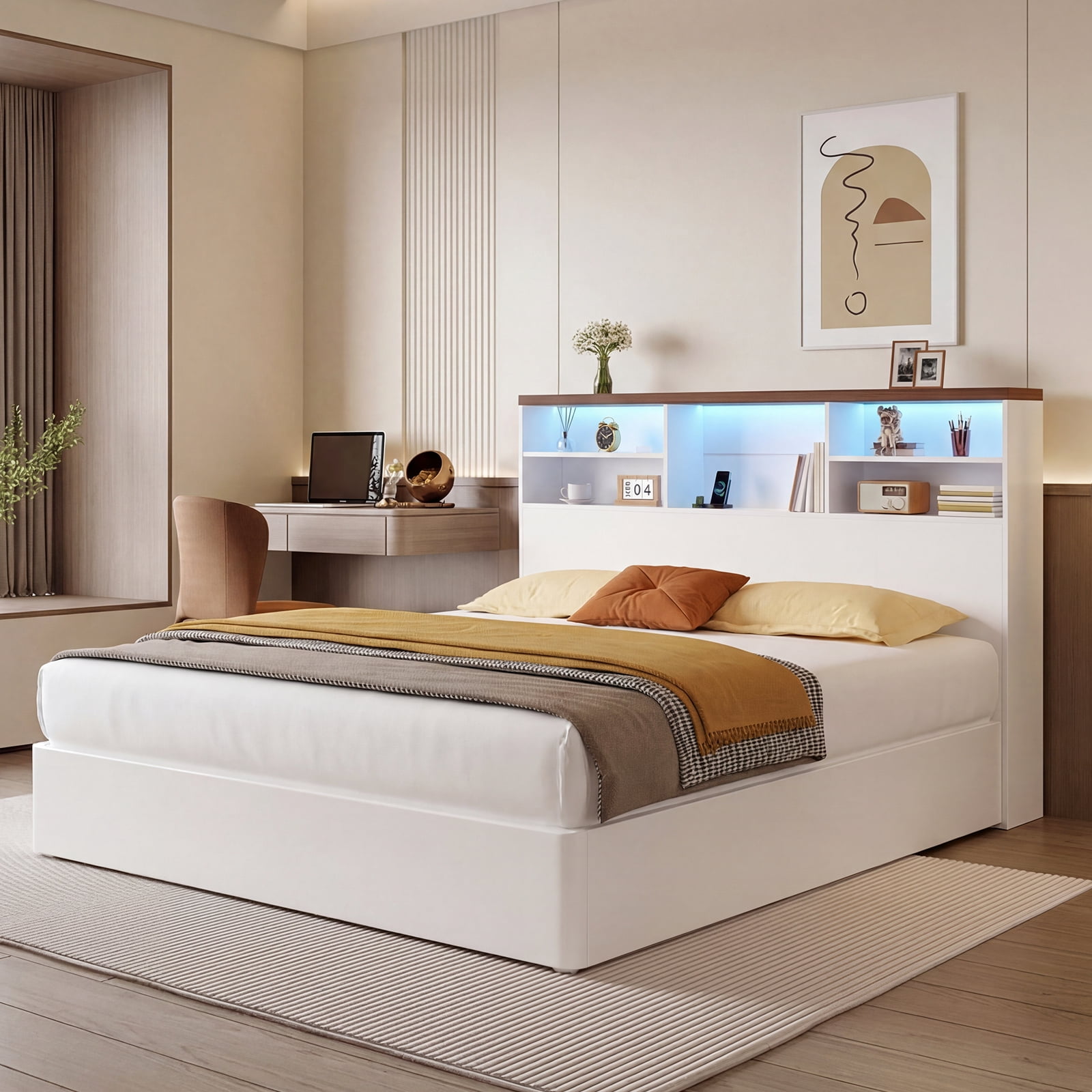 Advwin 63" Full/Queen Storage Headboard with LED Lights & Charging Station, Modern Bookcase Headboard, Space Saving Wood Headboard Only for Bedroom, White & Walnut