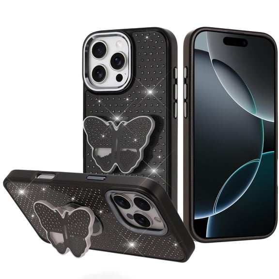 For iPhone 16 Pro Max 6.9 Butterfly Moveable Grip Stand With Small Diamonds Meta Buttons HQ Hybrid - Black