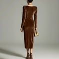 thumbnail image 5 of Women's Casual Dress Long Sleeve Elegant Fitted Classic Solid Color Midi Dress for Spring Fall Office Daily,Brown,S, 5 of 5