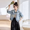 thumbnail image 6 of Spring new Chinese style G trendy embroidered retro distressed short denim jacket Blue 2XL, 6 of 11